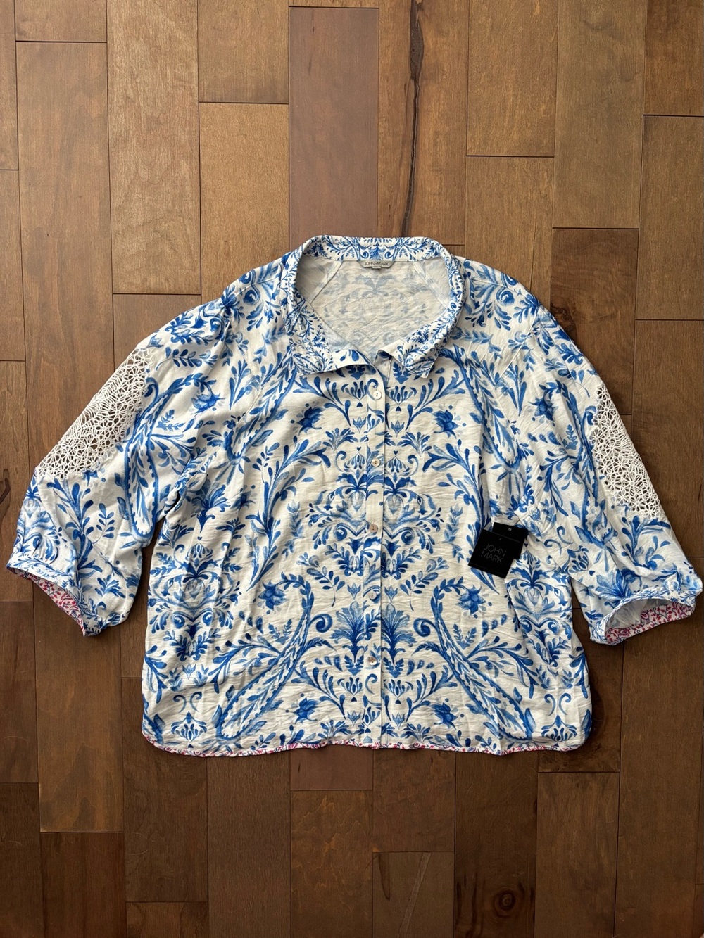 John Mark Tunic Top Blue White Wildflower Crochet 3/4 Sleeves NWT 2X